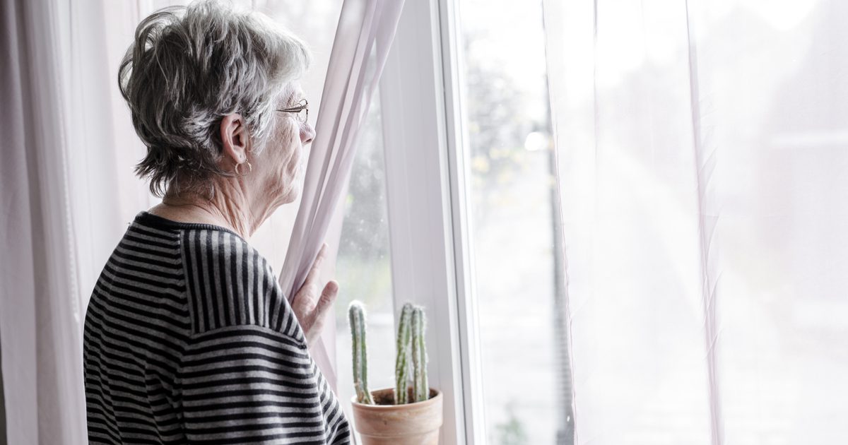 A woman looking out of the window at her cactus.